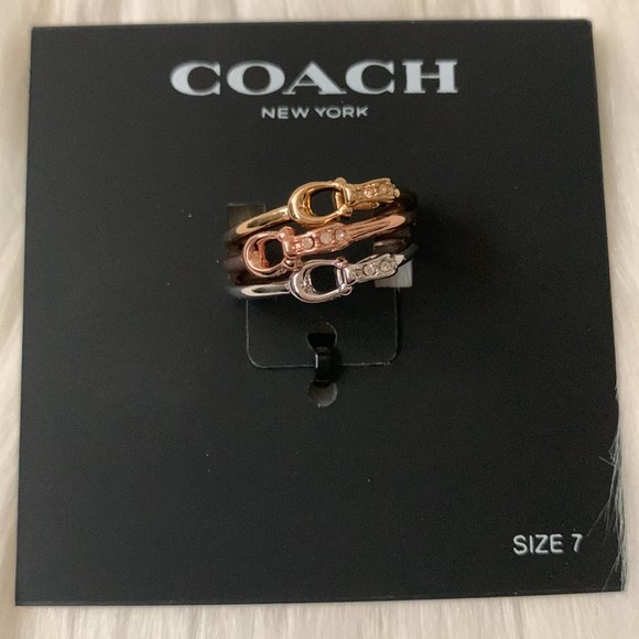 COACH Signature Interlocking Pave Tri-Tone Ring Stack Set RING SIZE 7 - Picture 1 of 3